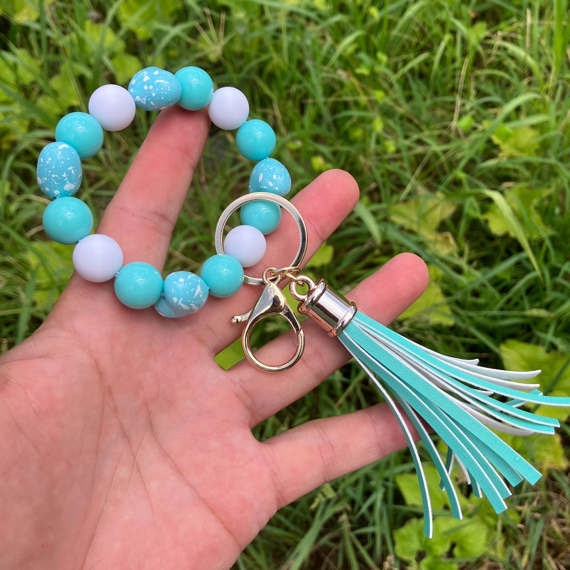 Wholesale Colorful Beaded Heart Printed Tassel Bracelet Keychain